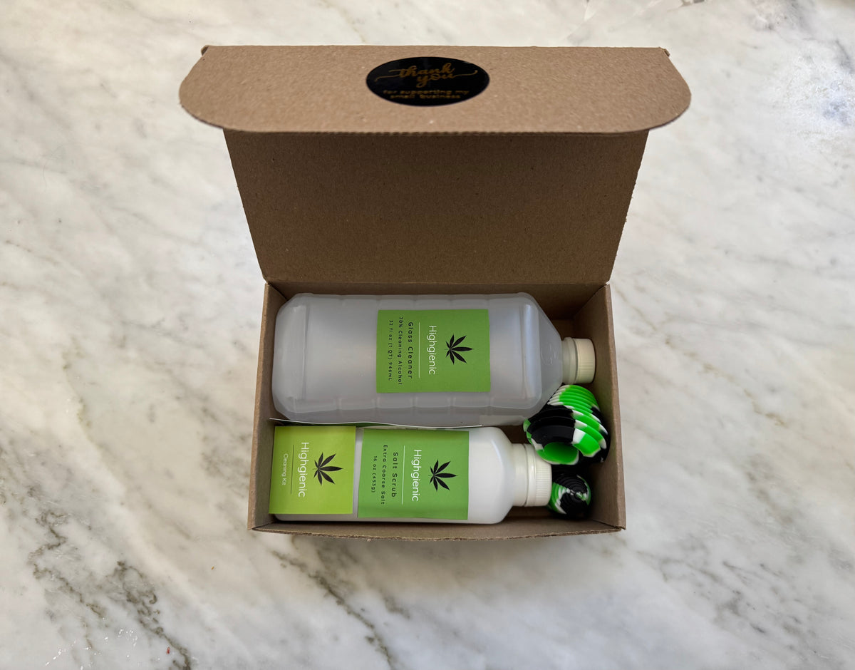 Highgienic Essentials Plus+ Kit - Complete Bong & Pipe Cleaning Kit with Silicone Caps