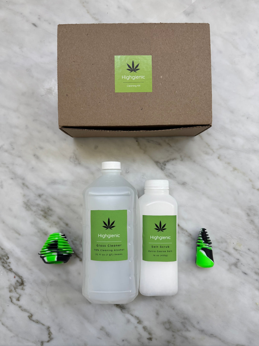Highgienic Essentials Plus+ Kit - Complete Bong & Pipe Cleaning Kit with Silicone Caps
