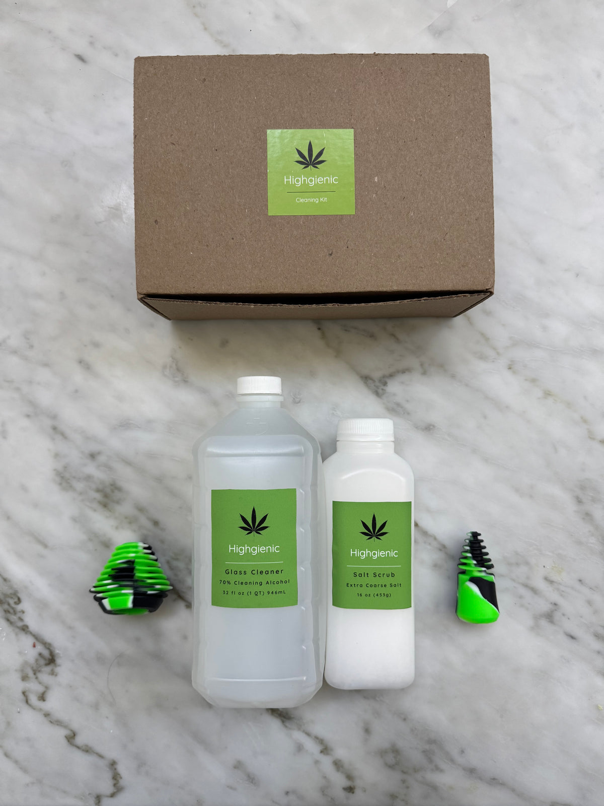 Highgienic Essentials Plus+ Kit - Complete Bong & Pipe Cleaning Kit with Silicone Caps
