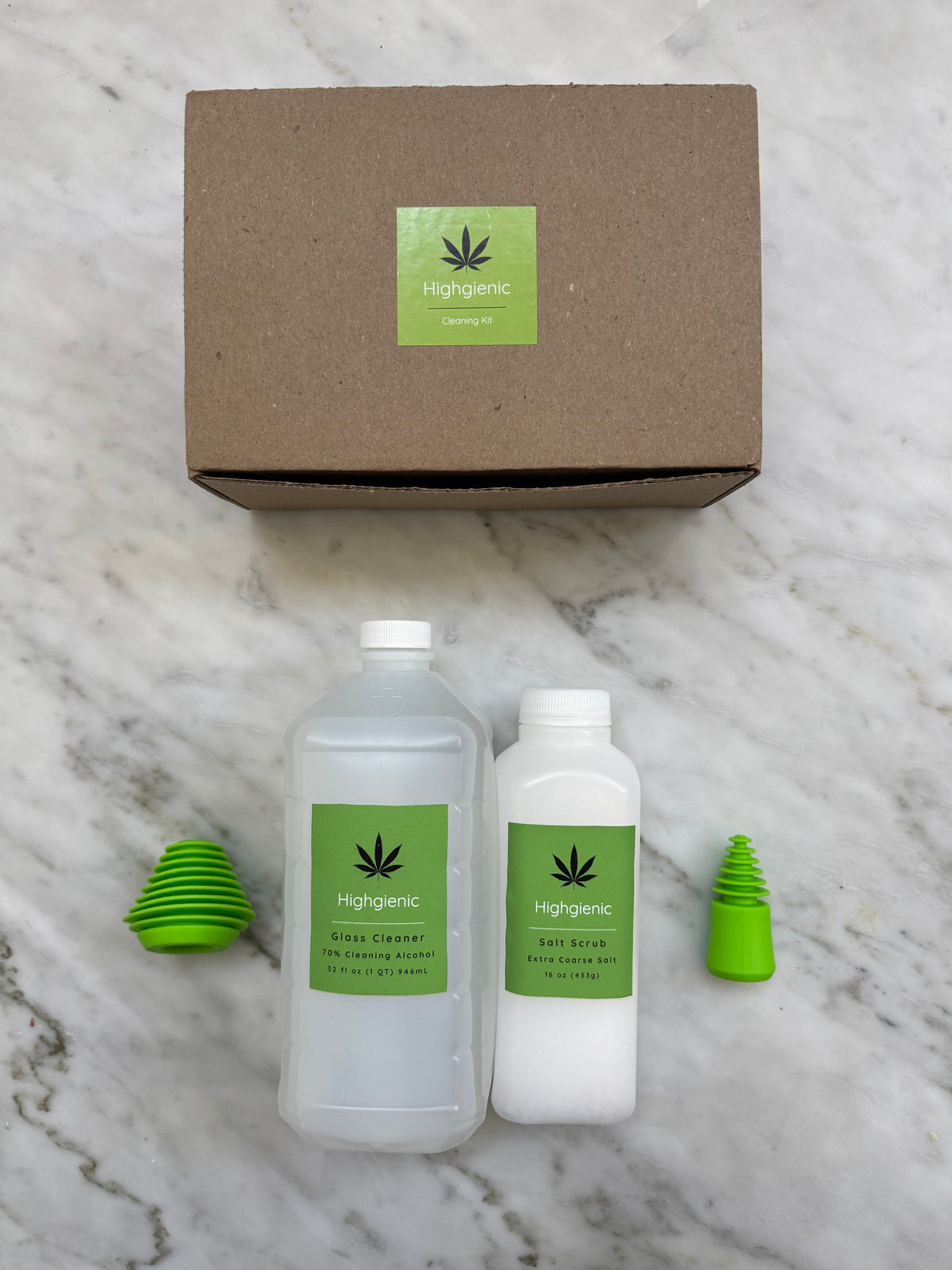 Highgienic Essentials Plus+ Kit - Complete Bong & Pipe Cleaning Kit with Silicone Caps