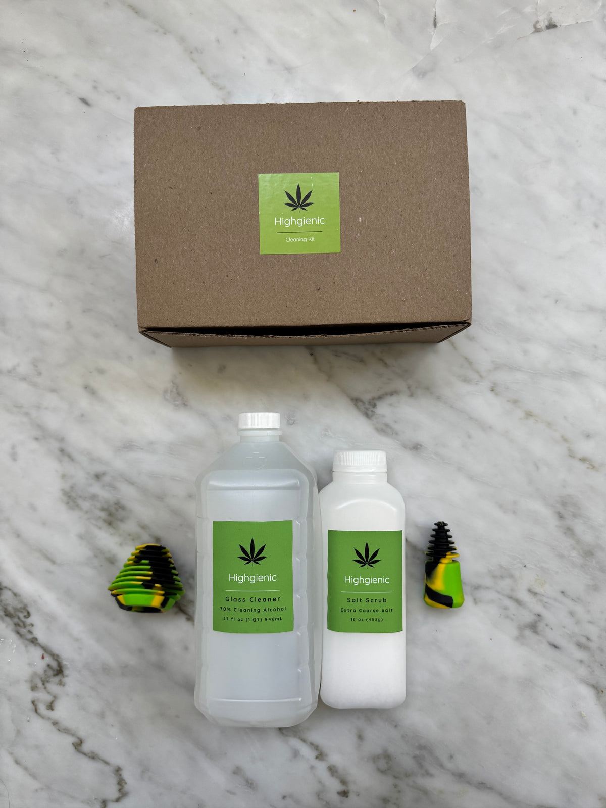 Highgienic Essentials Plus+ Kit - Complete Bong & Pipe Cleaning Kit with Silicone Caps